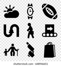 Grey icons set. set of 9 grey filled icons such as wrist watch, pipe, shopping bag, nail gun, man with case, american football, sun cloud, conveyor