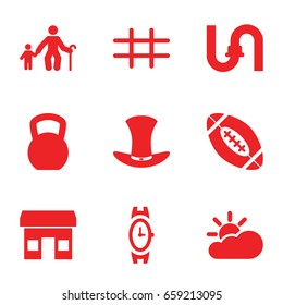 Grey icons set. set of 9 grey filled icons such as wrist watch, pipe, hat, grid, american football, sun cloud, store, old man with child