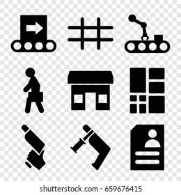 Grey icons set. set of 9 grey filled icons such as nail gun, resume, man with case, grid, conveyor, conveyor and robot arm