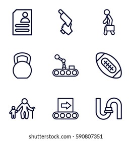 grey icons set. Set of 9 grey outline icons such as pipe, nail gun, resume, man with case, conveyor, conveyor and robot arm, american football, old man with child