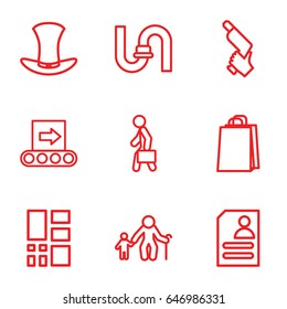 Grey icons set. set of 9 grey outline icons such as pipe, shopping bag, nail gun, resume, man with case, hat, grid, conveyor