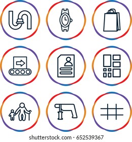 Grey icons set. set of 9 grey outline icons such as wrist watch, pipe, shopping bag, nail gun, resume, grid, conveyor