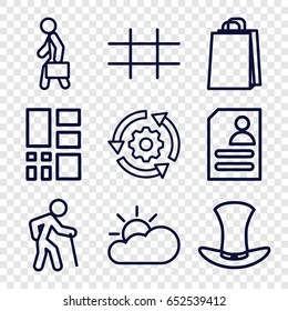 Grey icons set. set of 9 grey outline icons such as shopping bag, resume, man with case, hat, grid, sun cloud, gear rotate