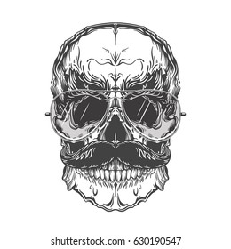 Grey illustration of skull with mustache and sunglasses. Isolated on white background.