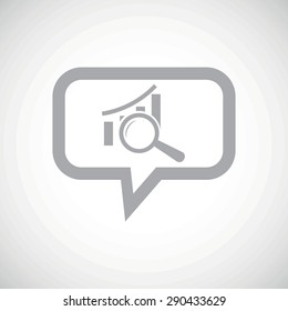Grey image of bar graphic under loupe in chat bubble, on white gradient background