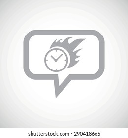Grey image of burning clock in chat bubble, on white gradient background
