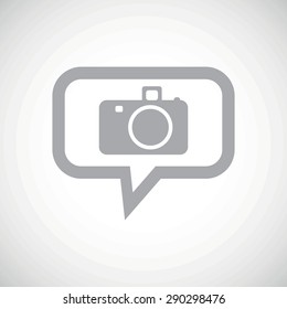 Grey image of camera in chat bubble, on white gradient background