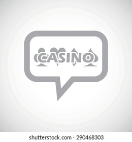 Grey image of casino logo in chat bubble, on white gradient background