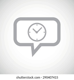 Grey image of clock in chat bubble, on white gradient background