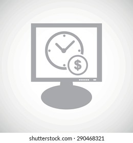 Grey image of clock and dollar sign on screen, on white gradient background