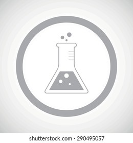 Grey image of conical flask in circle, on white gradient background
