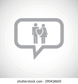 Grey image of couple and heart in chat bubble, on white gradient background