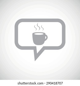 Grey image of cup with hot drink in chat bubble, on white gradient background