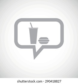 Grey image of drink and burger in chat bubble, on white gradient background