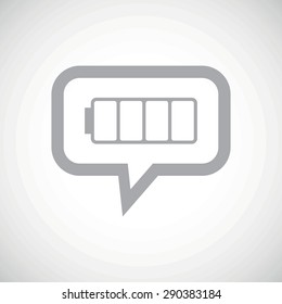 Grey image of empty battery in chat bubble, on white gradient background