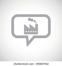 Grey image of factory building in chat bubble, on white gradient background