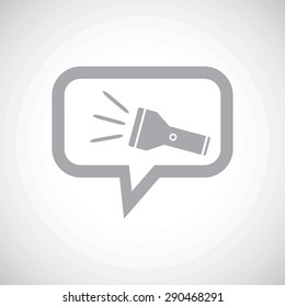 Grey image of flashlight in chat bubble, on white gradient background