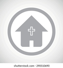 Grey image of house with christian cross in circle, on white gradient background