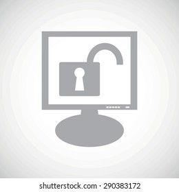 Grey image of open padlock on screen, on white gradient background