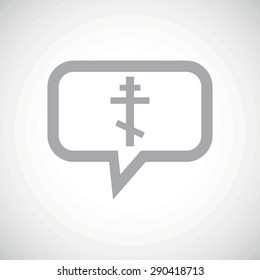 Grey image of orthodox cross in chat bubble, on white gradient background