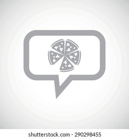 Grey image of pizza in chat bubble, on white gradient background