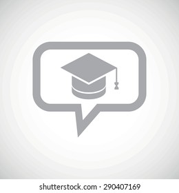Grey image of square academic hat in chat bubble, on white gradient background