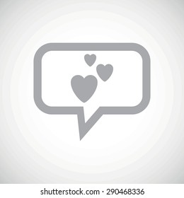 Grey image of three hearts in chat bubble, on white gradient background