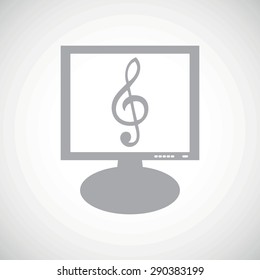 Grey image of treble clef on screen, on white gradient background