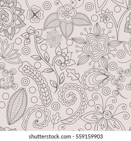 Grey indian pattern on beige background, seamless pattern, vector. Hand-drawn vector flowers and branches in delicate colors. All elements are not cropped and hidden under mask