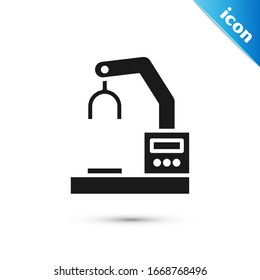 Grey Industrial machine robotic robot arm hand factory icon isolated on white background. Industrial robot manipulator.  Vector Illustration