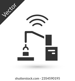 Máquina industrial gris robot robot robot brazo icono de fábrica aislado en fondo blanco. Manipulador de robots industrial.  Vector