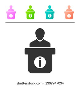 Grey Information desk icon isolated on white background. Man silhouette standing at information desk. Help person symbol. Information counter icon. Set icon in color buttons. Vector Illustration