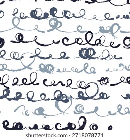 Patrón de líneas rizadas de tinta gris en papel secante. Adorno sin costuras de Vector con Elementos negros dibujados a mano alzada. Aislado sobre fondo blanco. Hay una textura editable en el panel de muestras.