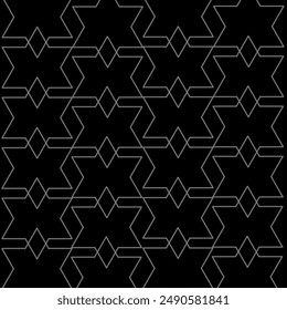 Grey Interlocked Stars Seamless Design Pattern Against  Black Background.  Can be used mainly as fabric Pattern. Also can be used as background, wallpaper, gift wrap or decorative element. 