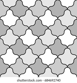Grey interlocking figures tessellation on black background. Image with floral shapes. Ethnic mosaic tiles motif. Mosaic wallpaper. Seamless surface pattern design with scales ornament. Vector art.