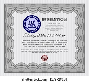 Grey Invitation. With guilloche pattern and background. Vector illustration. Money style design. 