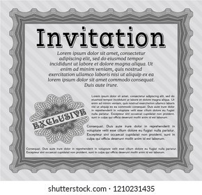 Grey Invitation template. With complex linear background. Lovely design. Detailed. 