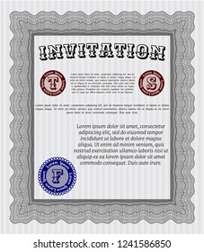 Grey Invitation template. With complex linear background. Artistry design. Detailed. 