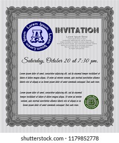 Grey Invitation template. Detailed. Printer friendly. Money Pattern design. 