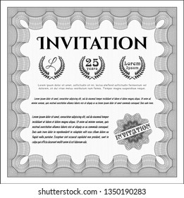 Grey Invitation template. With linear background. Detailed. Beauty design. 