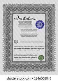 Grey Invitation template. Money Pattern. Detailed. With complex linear background. 