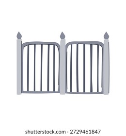 Grey iron gate with two vertical bar panels, minimalist vector illustration of an entrance or barrier on a clean white background, symbolizing access, security and boundary