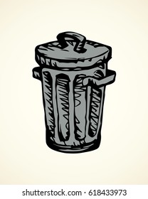 Grey iron trashbin for refuse isolated on white backdrop. Freehand outline black ink hand drawn picture logo sketchy in art retro scribble style pen on paper. Close up view with space for text