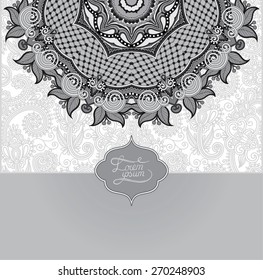 grey islamic vintage floral pattern, template frame for greeting card or wedding invitation in east style with place for your text, black and white vector illustration