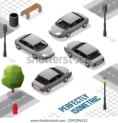 Grey Isometric Car from Front Back Right and Left isolated on White