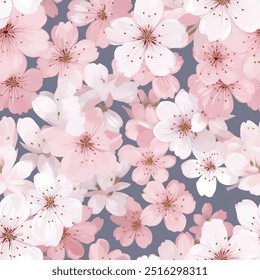 Grey Japanese Cherry Blossoms Kimono Yukata Pink Red Blue Sakura Colorful Seamless Pattern Wallpaper Curtain Bedding Background Upholstery Gift Wrapping Paper Vector 