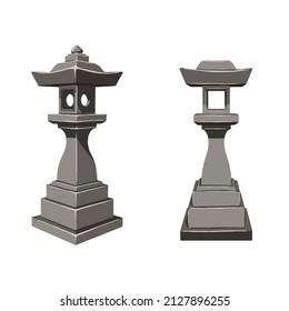 Grey Japanese stone lantern icon - traditional ancient Buddhist toro hand drawn vector isolated on white. 