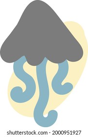 Grey jellyfish with blue tentacles, illustration, on a white background.