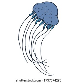 Grey jellyfish on white isolated backdrop. Medusa emblem for gift card, tattoo parlor or pet shop logo, diving club emblem, bath tile. Phone case or cloth print. Doodle style stock vector illustration