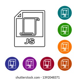 Grey JS file document icon. Download js button line icon isolated on white background. JS file symbol. Set icon in color circle buttons. Vector Illustration